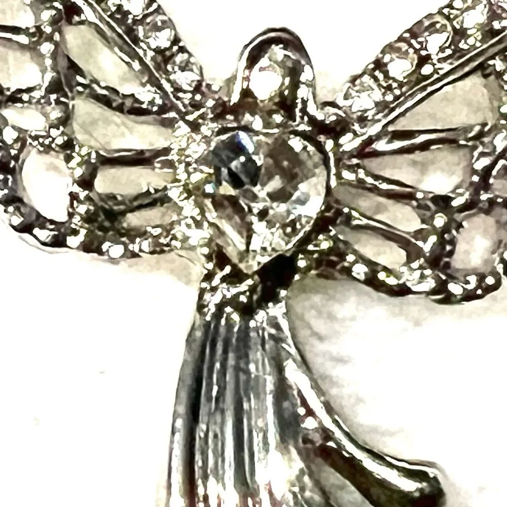Silver Tone Guardian Angel Adjustable Necklace w/Rhinestone Lobster Claw Clasp.